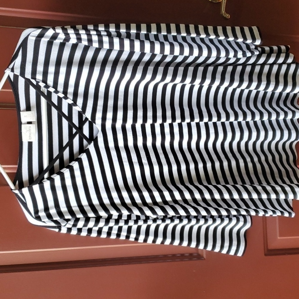 Chico's Black and White Striped V-Neck Jersey Top